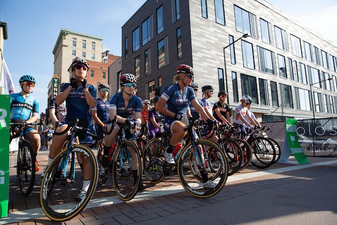 Riders wait for the start of the 2019 women's US road race championships