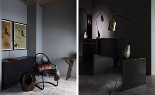 Side by side photos of a room and its features. Left: A deep grey painting room with a side cabinet and lamp, two paintings, a minimalist chair with a brown cushion and throw. Right: A darker room with desk and lamp.