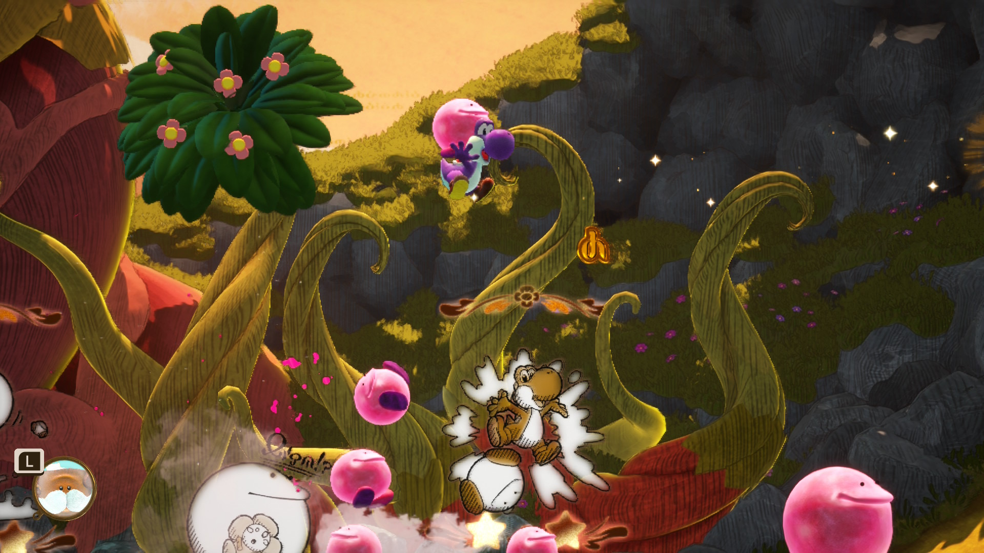 In Yoshi and the Mysterious Book, a purple Yoshi jumps in the air with a blob-like pink creature on his back and jumps on other blob-like creatures below