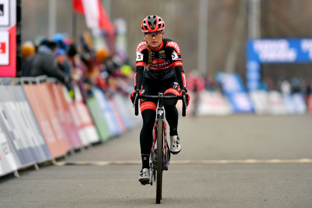 TABOR CZECH REPUBLIC NOVEMBER 14 Denise Betsema of The Netherlands and Team Pauwels Sauzen Bingoal reacts after cross the finishing line during the 25th Tabor UCI CycloCross Worldcup 2021 Womens Elite CXWorldCup on November 14 2021 in Tabor Czech Republic Photo by Luc ClaessenGetty Images