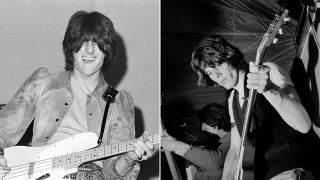 English rock guitarist Jeff Beck and Ron Wood on bass guitar performing on stage as the Jeff Beck Group.