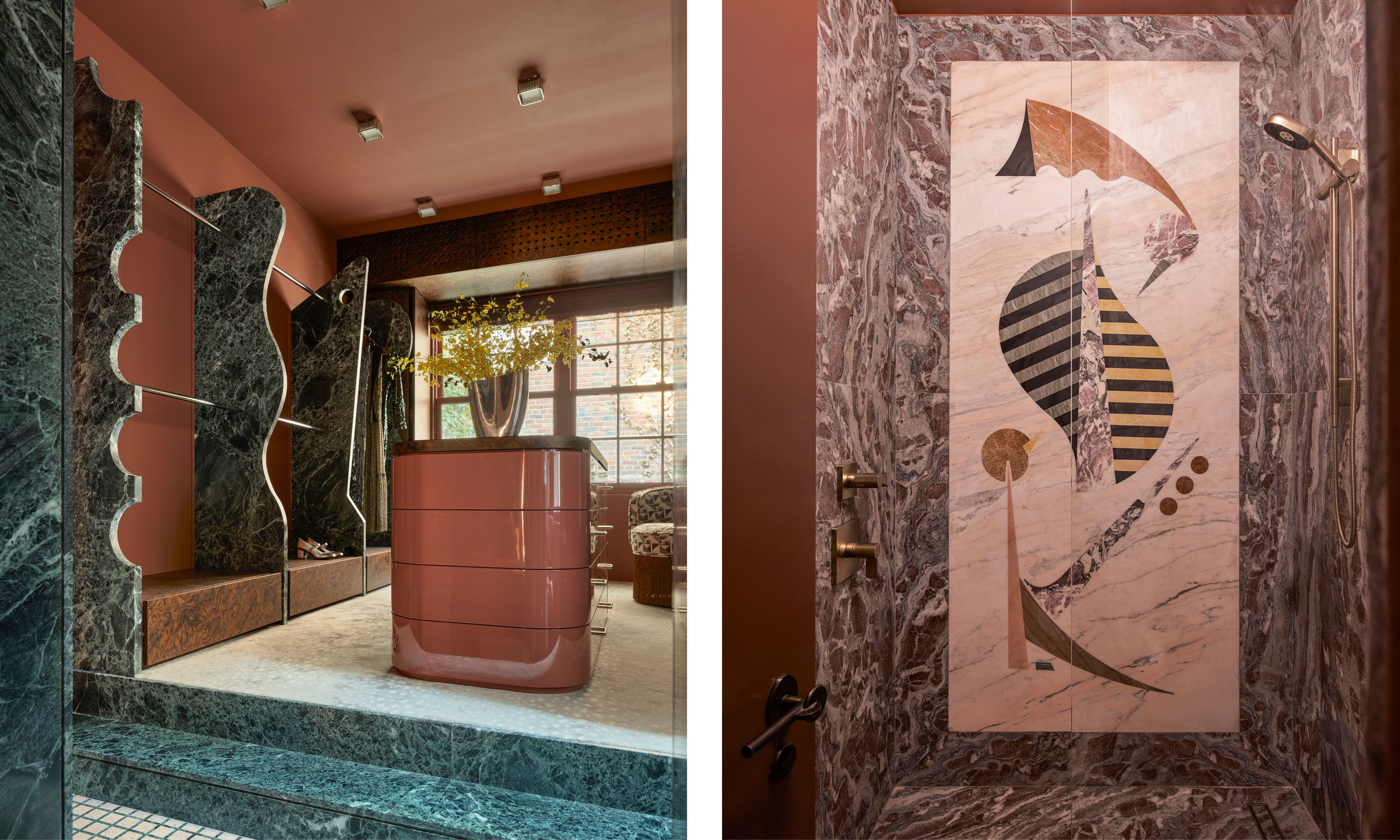 two shots next to each other of a marble-clad dressing room and a shower cubicle with a mural inset into the wall tiles