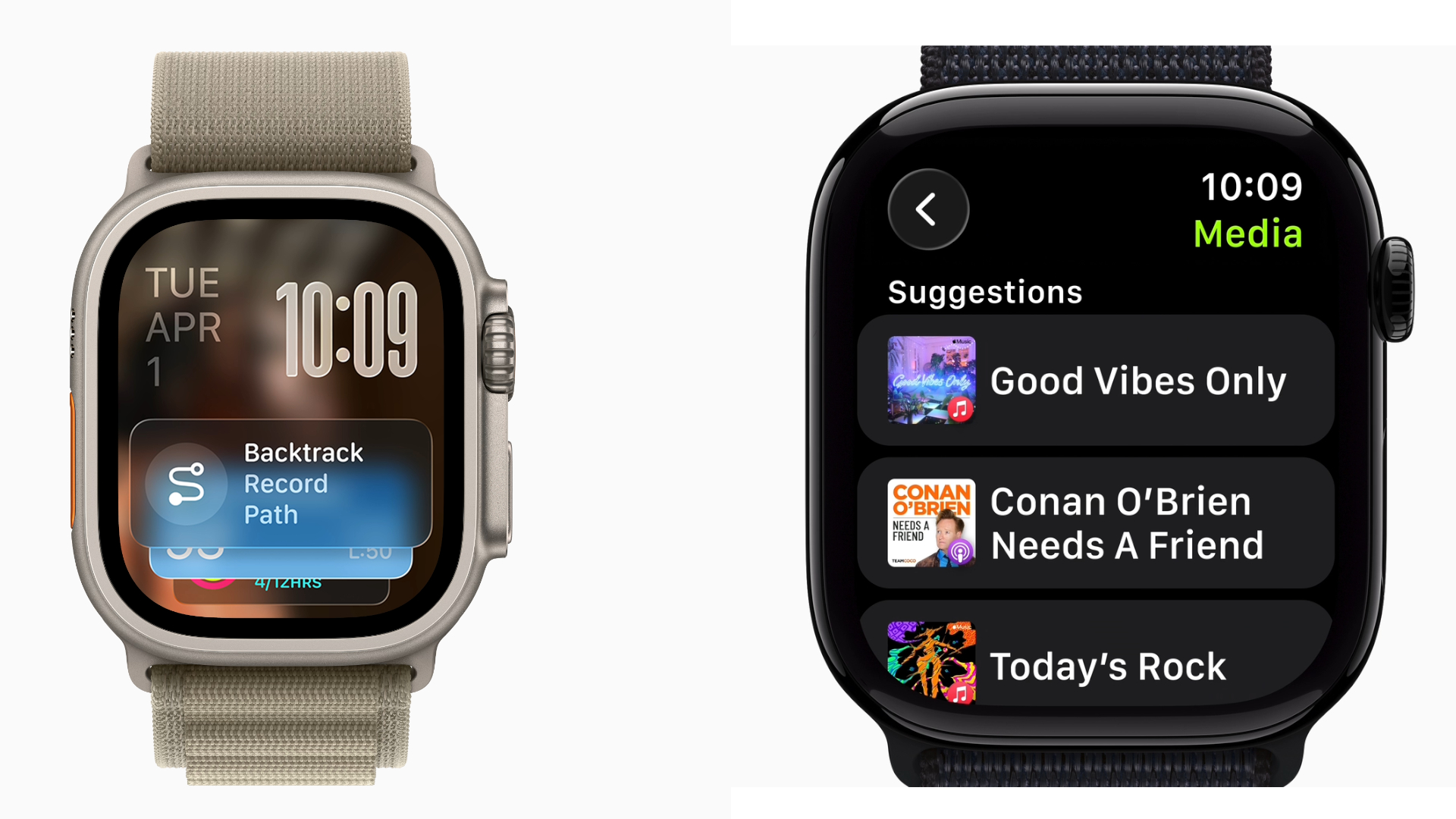 Renders of the new Smart Stack hints and Apple Music workout suggestions on the Apple Watch running watchOS 26.