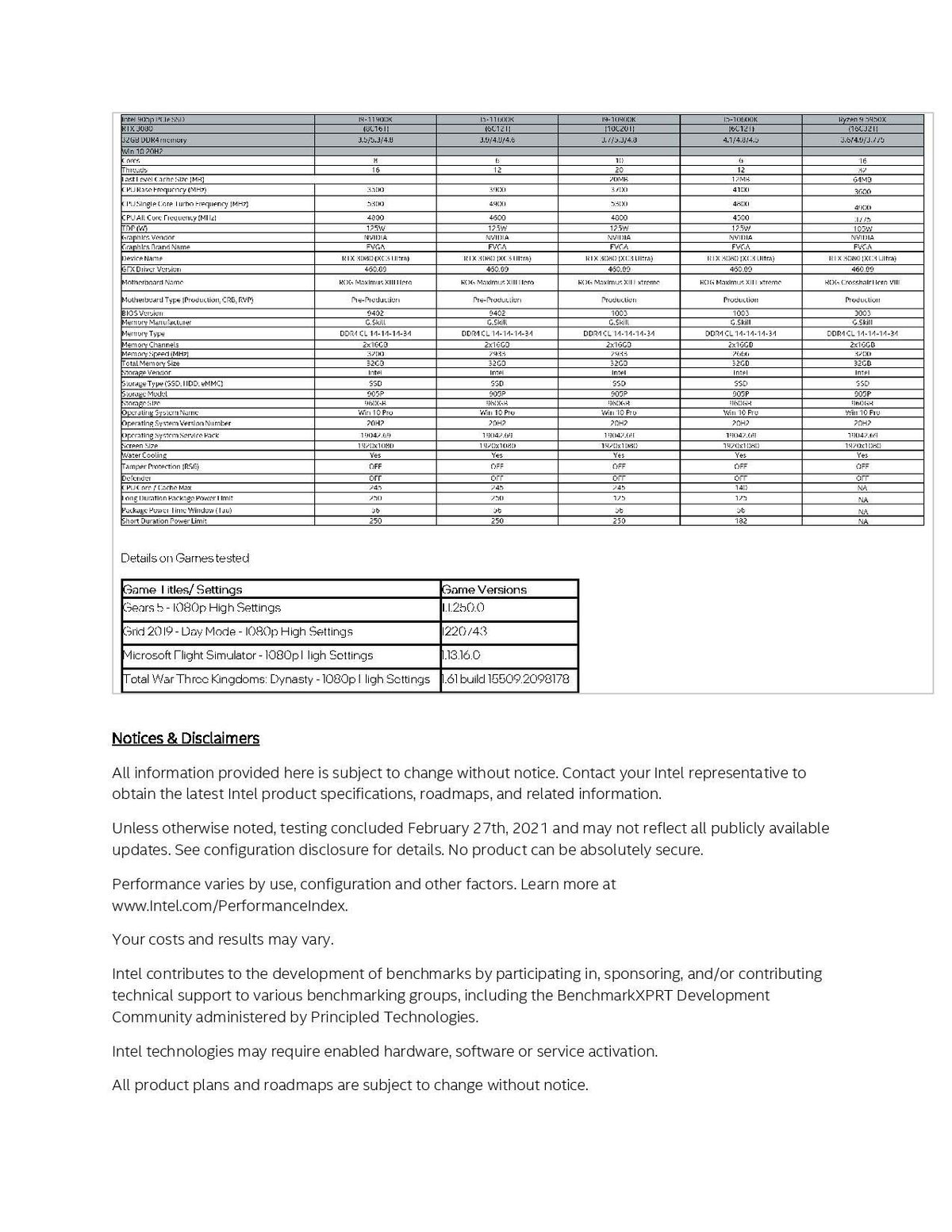 Intel Rocket Lake Benchmark Footnotes
