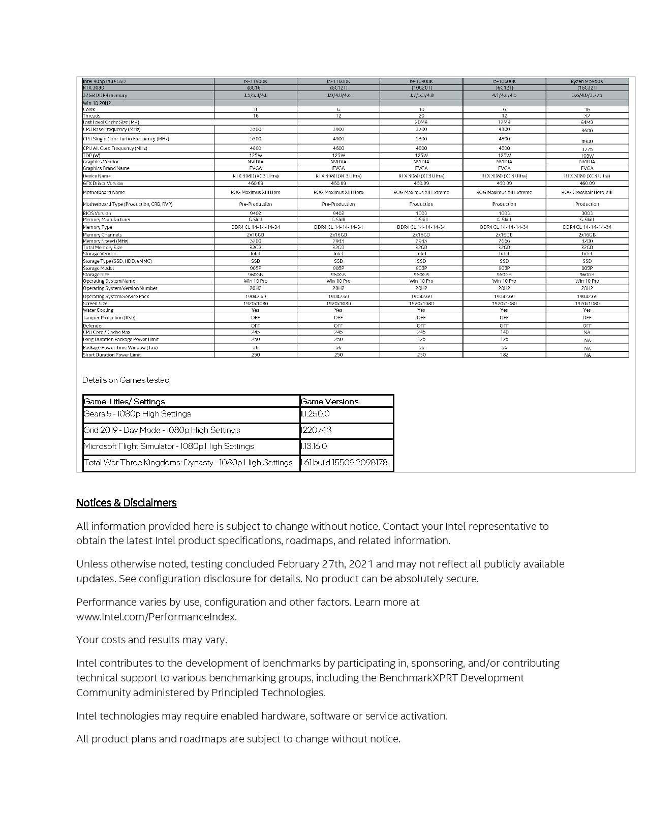 Intel Rocket Lake Benchmark Footnotes