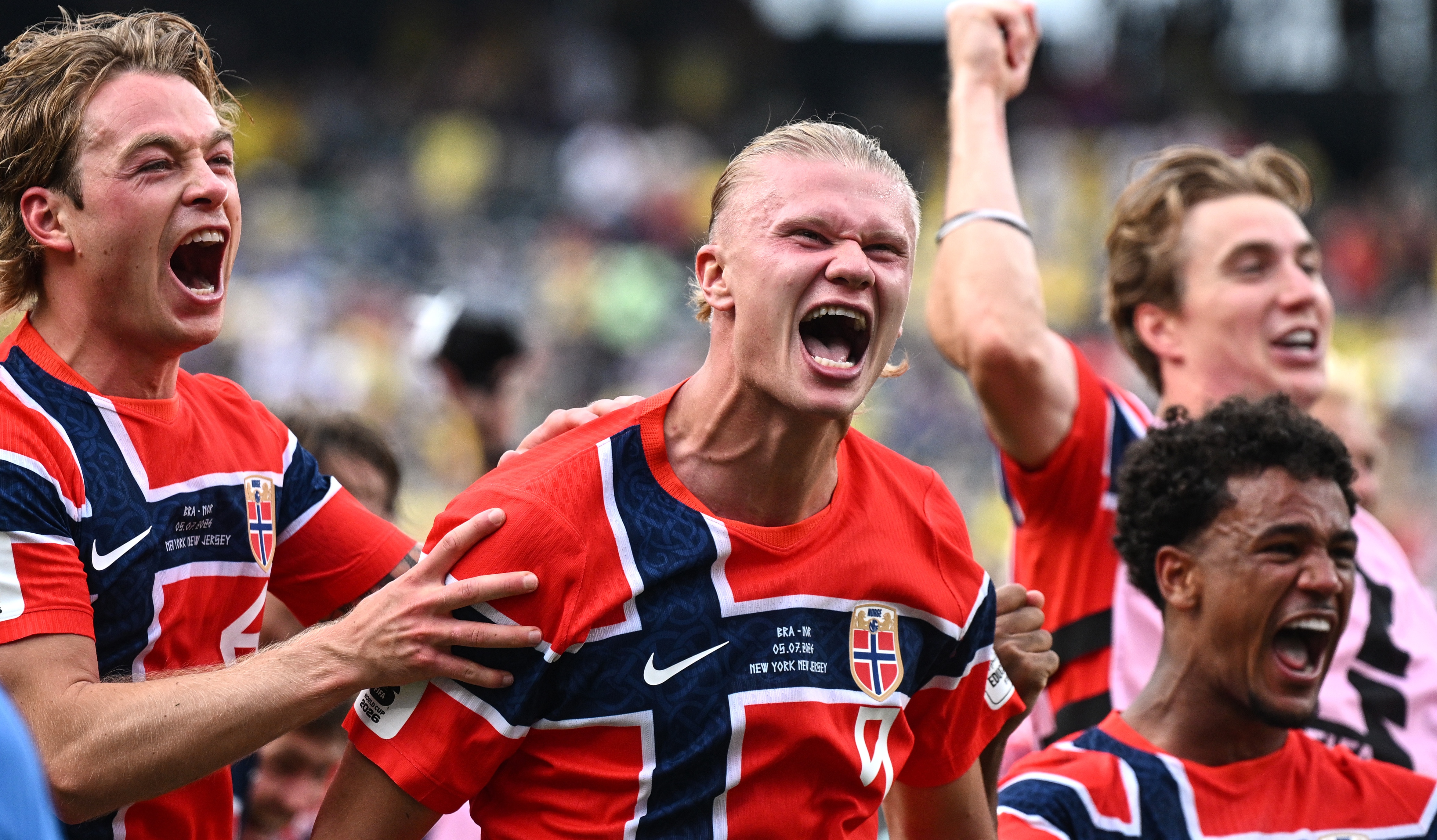 Erling Haaland, Patrick Berg and Oscar Bobb of Norway celebrates during the FIFA World Cup 2026 Round Of 16 win over Brazil at New York New Jersey Stadium on July 05, 2026 in East Rutherford