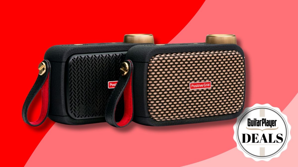 Two Positive Grid Spark Go mini guitar amps next to each other on a red and pink background