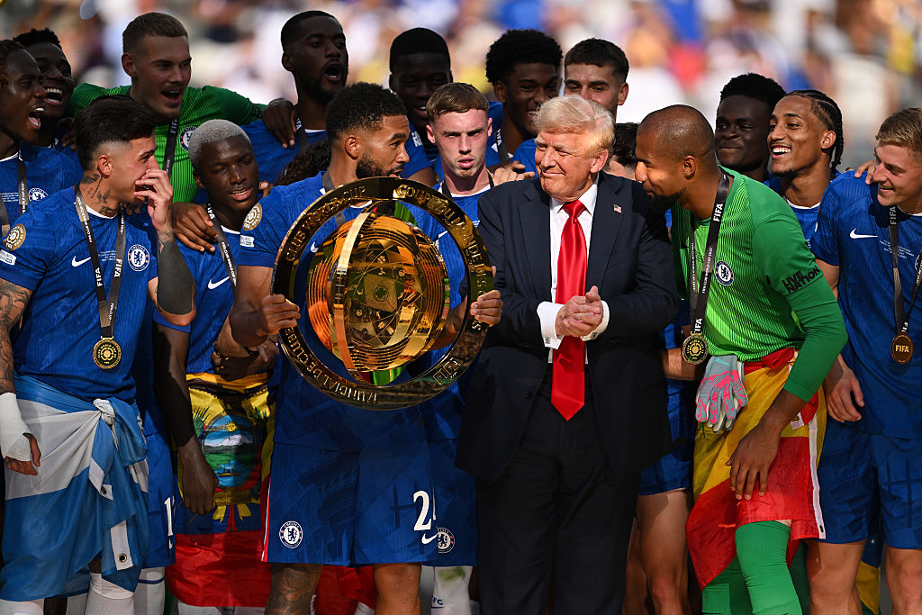 Chelsea and Donald Trump with the Club World Cup trophy