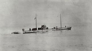 Photograph of the former German submarine U 111 while undergoing tests by the U.S. Navy in 1919.