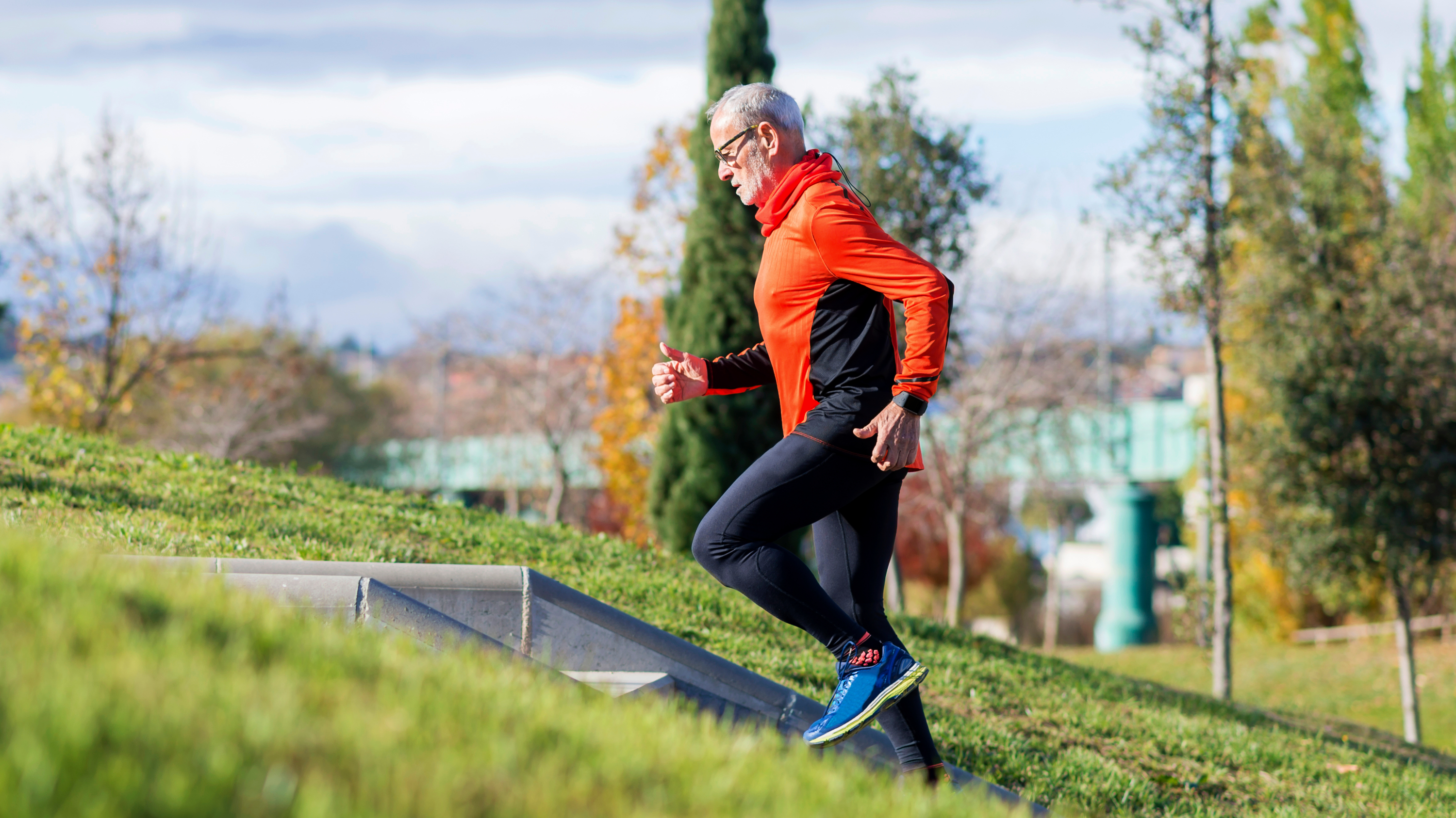 a man climbing a set of stairs outdoors
