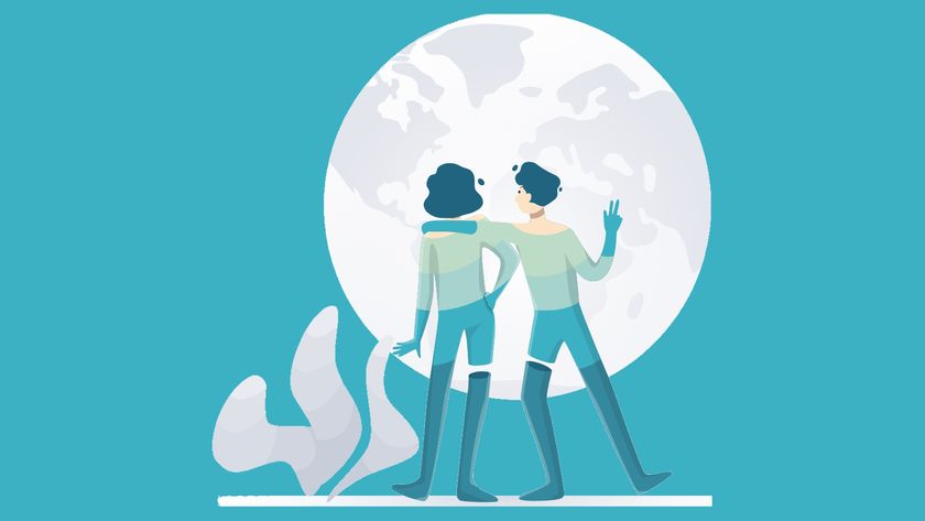 An illustration of two people looking at a picture of the Earth,