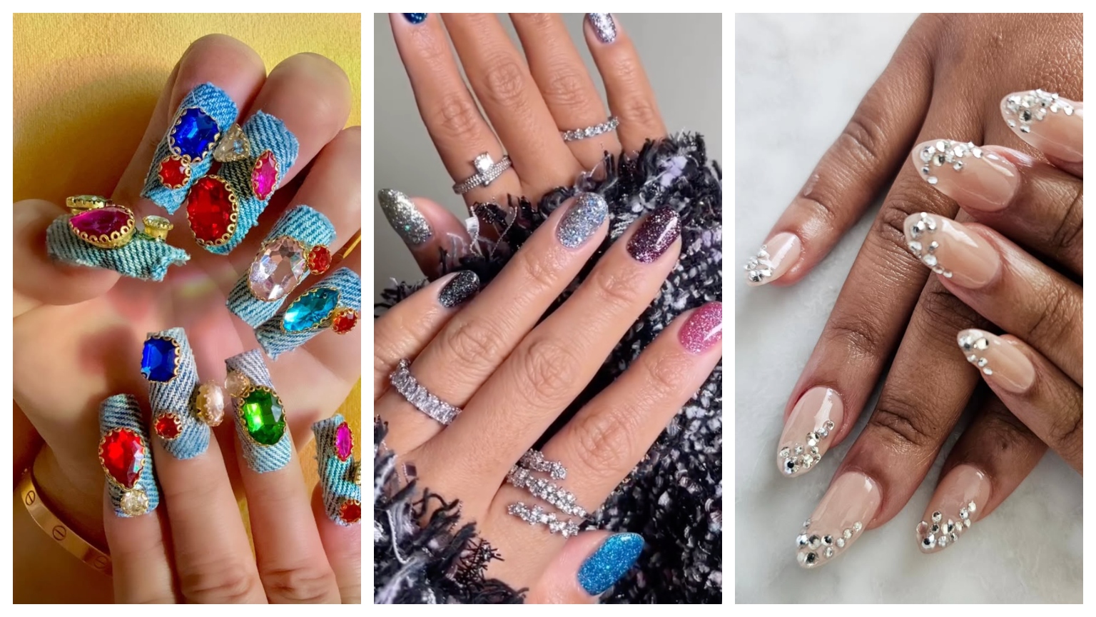 a trio of glittery and gemstone manicures
