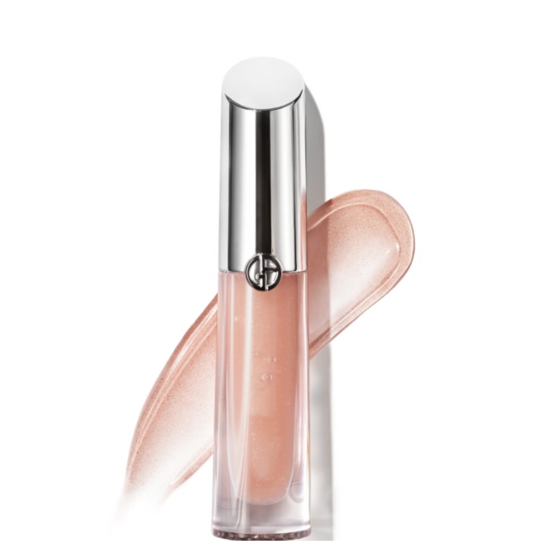 A product shot of the Armani Prisma Glass Lip Gloss in shade 07 Nude Halo, on a white background with a swatch of the colour