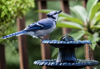bird bath with fountain in garden with blue jay
