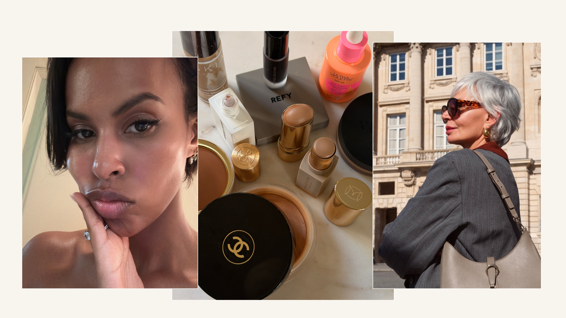 A collage featuring the best bronzer for mature skin, and photos of @greceghanem and @sabrinaelba