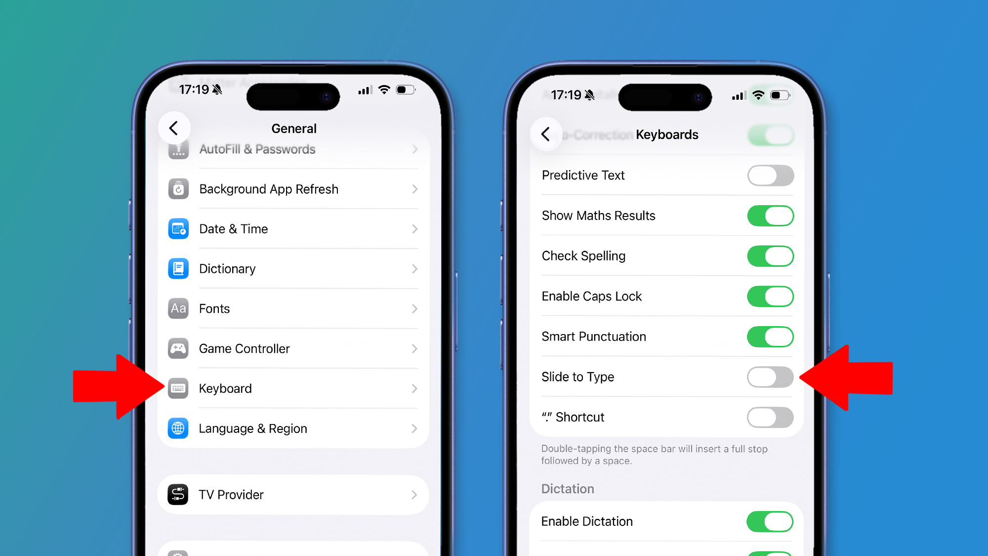 Two iPhones on a green and blue background showing iOS 26 settings
