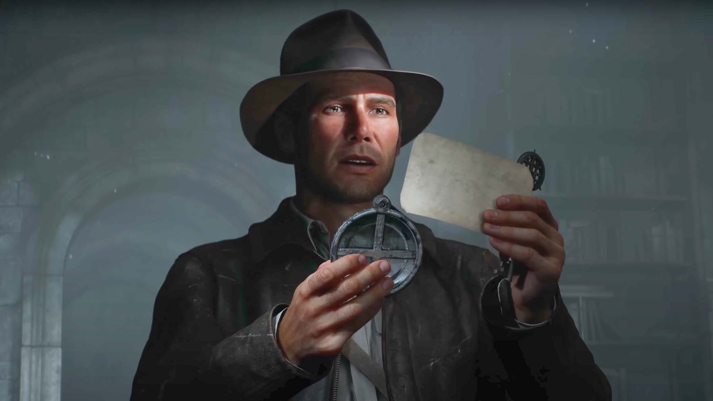 Indiana Jones holding a compass, a key, and an old piece of paper in Indiana Jones and the Great Circle: The Order of Giants DLC