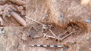 We see the skeletal remains of a woman in a dirt grave. A magnified image box shows an ivory ring around her thigh.