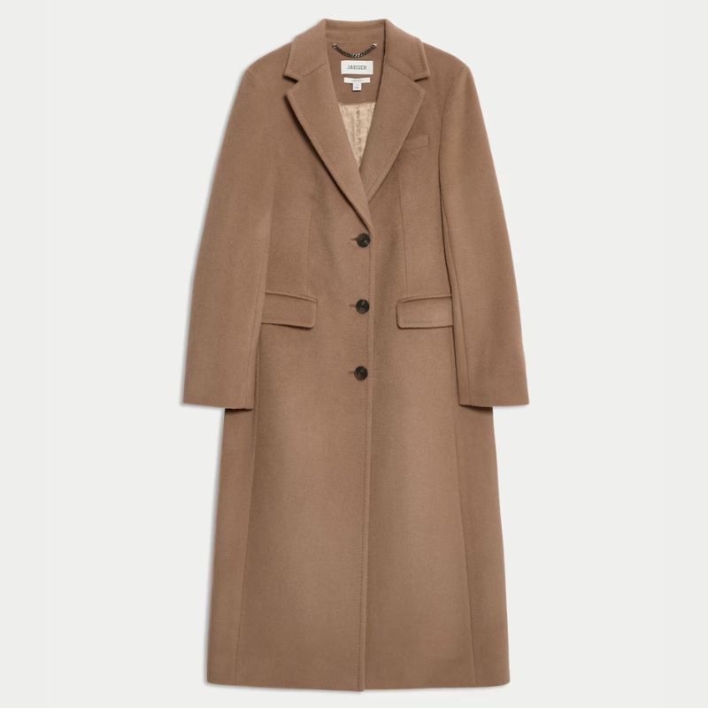 M&amp;amp;S, camel-toned tailored, longline coat