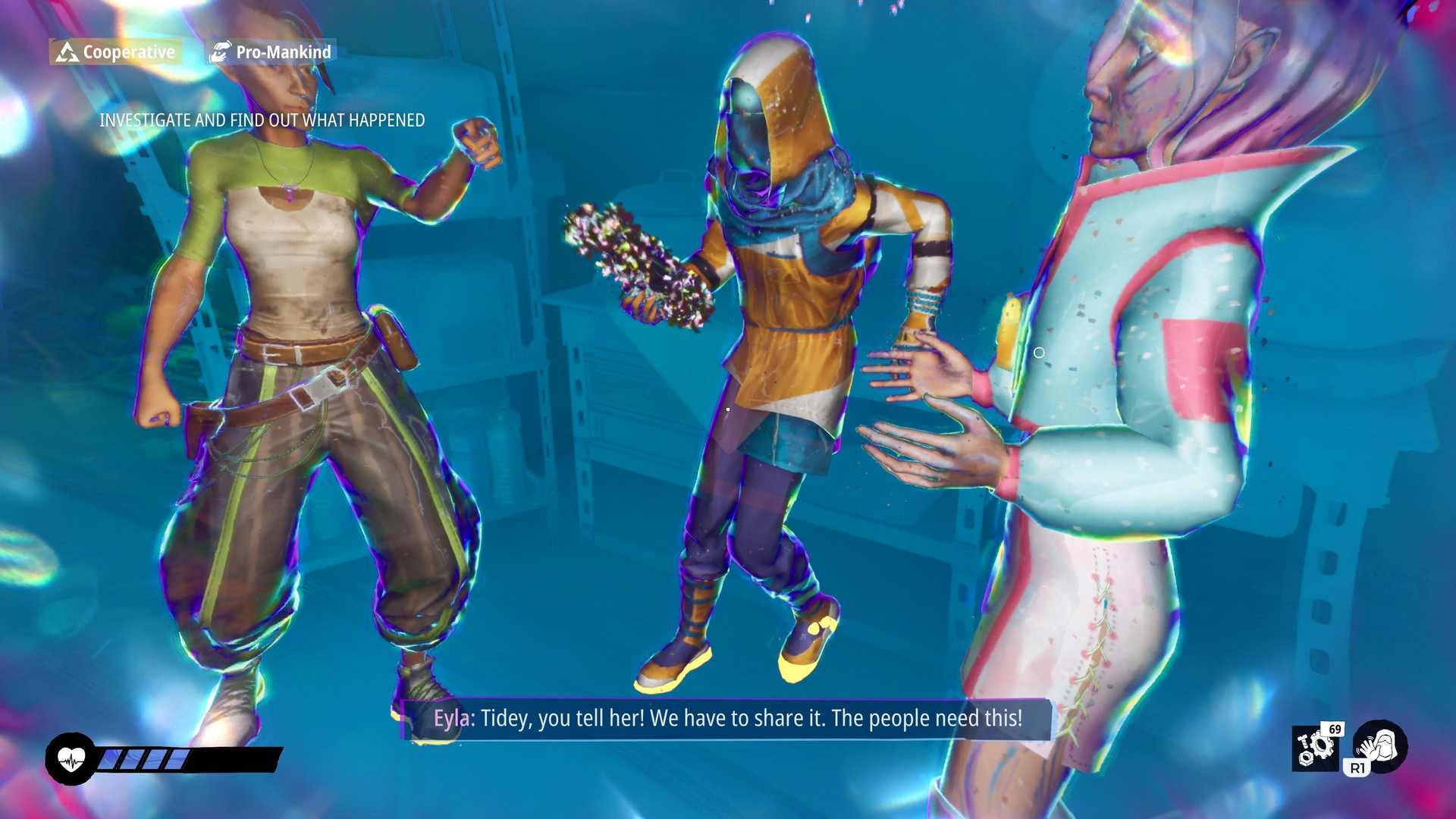 A vision of another player deciding how to end their questline in Marketland, in Tides of Tomorrow