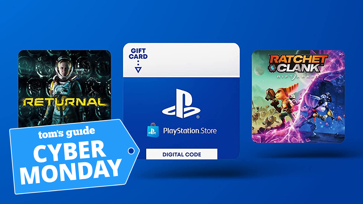 PlayStation Store gift card on blue background with cyber monday deal tag superimposed