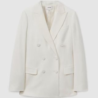 Wool Blend Double Breasted Tux Blazer in White