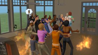 The Sims 2 - sims stand together in a house that is catching on fire