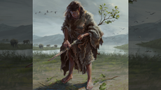 An artist&rsquo;s reconstruction of a Marathousa 1 paleo-lithic woman producing a digging stick from a small alder tree trunk with a small stone tool. 