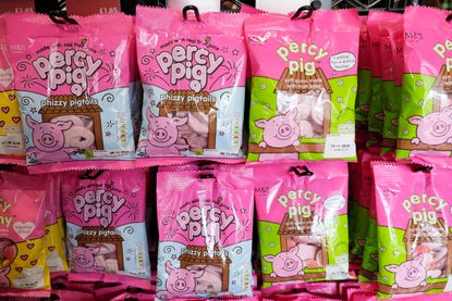 Percy Pig sweet packets on display