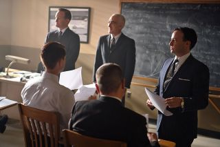 Chris Kraft, played by Eric Ladin, Bob Gilruth, played by Patrick Fischler, and John "Shorty" Powers, played by Danny Strong, speak to the Mercury astronauts about space program public relations in National Geographic's "The Right Stuff."