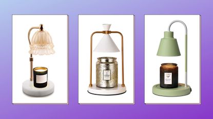 three candle warmer lamps on a purple background