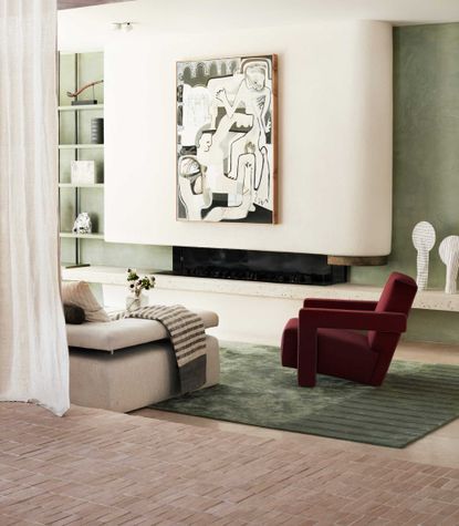 a green living room with a red chair