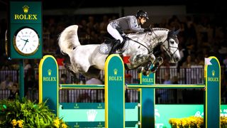 A horse leaps over a Rolex gate in an equestrian competition. 