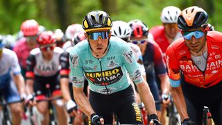 VALBROYE, SWITZERLAND - APRIL 29: (L-R) Rohan Dennis of Australia and Team Jumbo - Visma Turquoise Leader Jersey and Damiano Caruso of Italy and Team Bahrain Victorious compete during the 75th Tour De Romandie 2022 - Stage 3 a 165,1km stage from Valbroye to Valbroye / #TDR2022 /on April 29, 2022 in Valbroyeon, Switzerland. (Photo by Dario Belingheri/Getty Images)