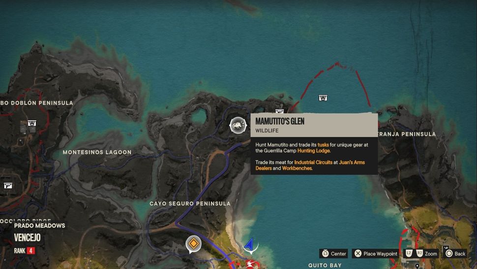 Легендарное животное Far Cry 6, Мамутито, отмеченное на карте острова Сантуарио