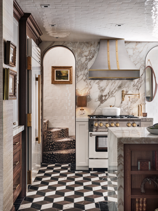 Rustic kitchen with rustic white tiled walls and ceiling