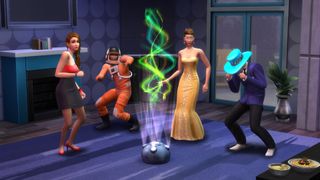 The best Sims 4 mods: Four Sims dancing around a green swirling hologram. One female Sim is dressed in party attire, another female is in a form dress. One male is dressed as an astronaut and another in a fluorescent blue cowboy hat.