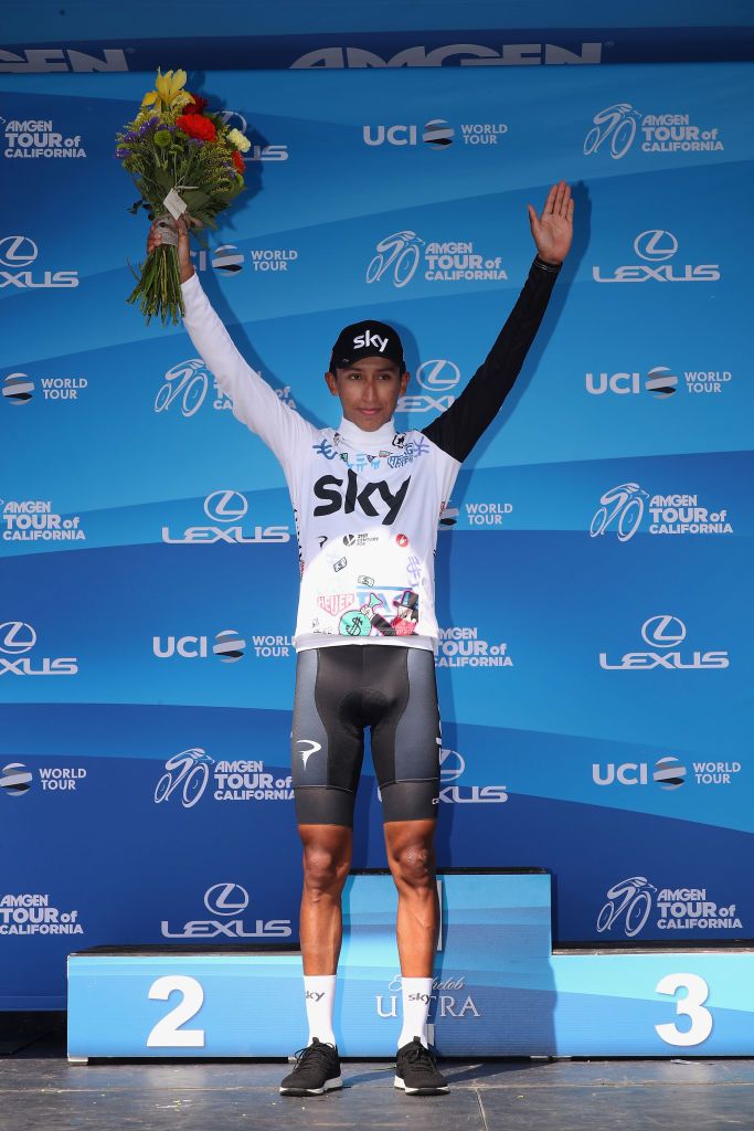 Team Sky's Egan Bernal is awarded the white best young rider jersey, as well as holding the climber's jersey and the green sprints jersey after stage 4 at the 2018 Tour of California