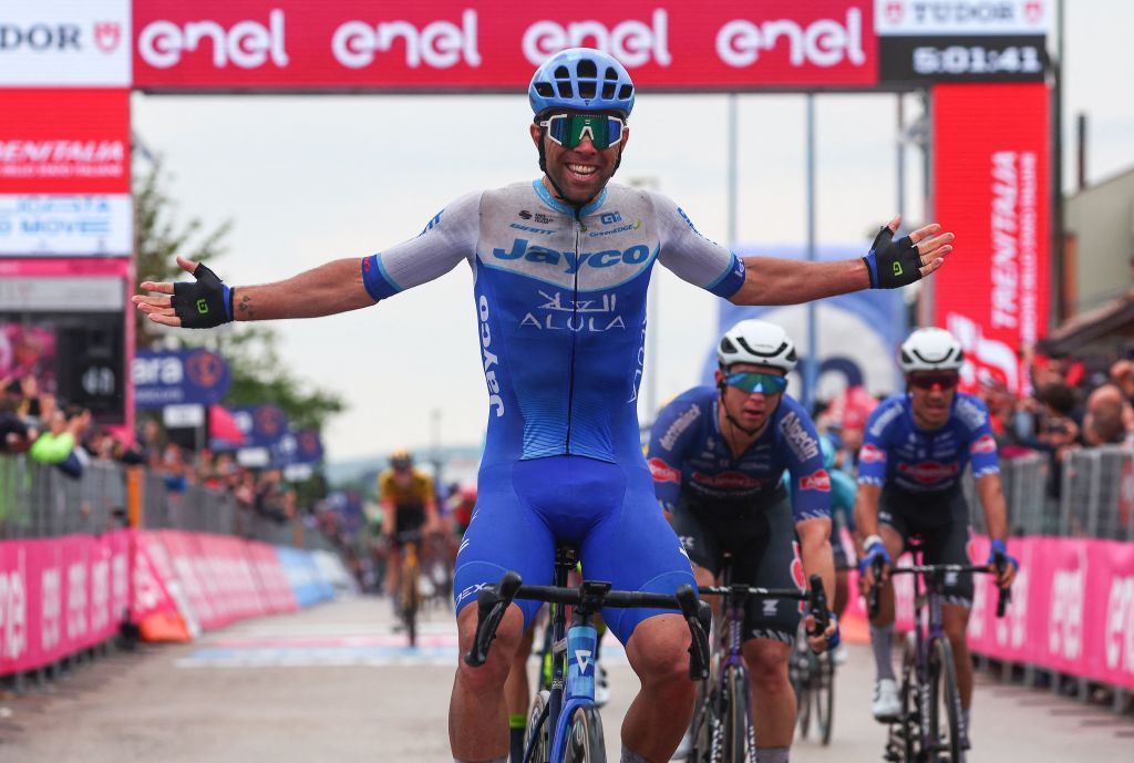 Team Jayco AlUlas Australian rider Michael Matthews C celebrates as he crosses the finish line to win the third stage of the Giro dItalia 2023 cycling race 216 km between Vasto and Melfi on May 8 2023 Photo by Luca Bettini AFP Photo by LUCA BETTINIAFP via Getty Images