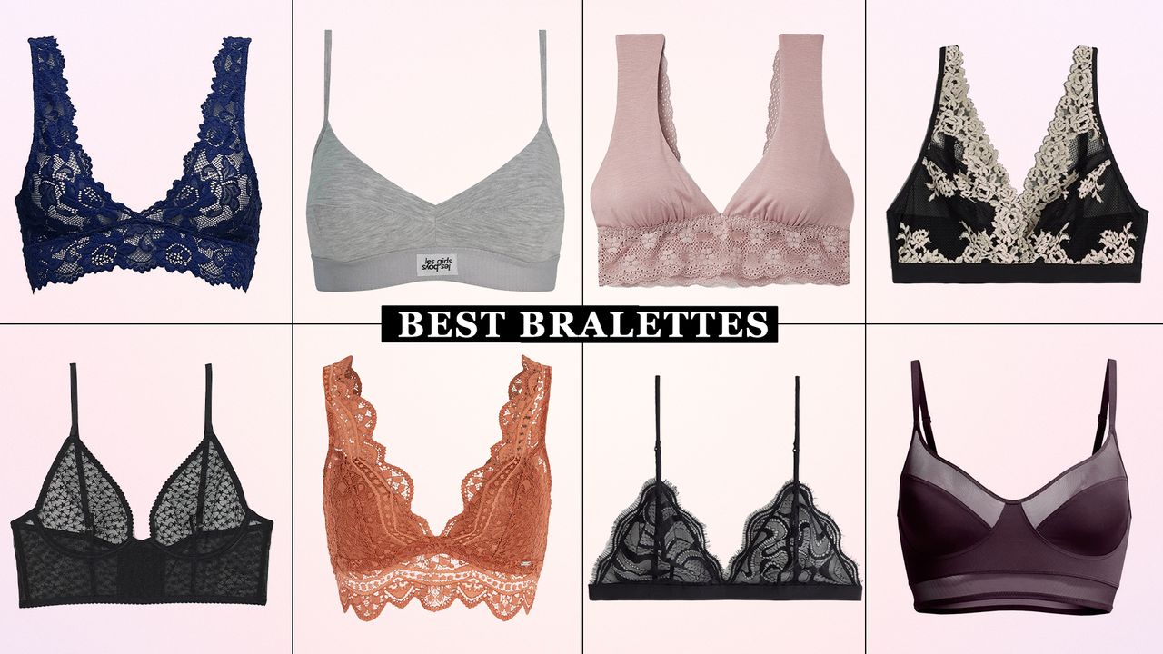 a collage of w&amp;h&#039;s best bralettes picks on a pink brackground