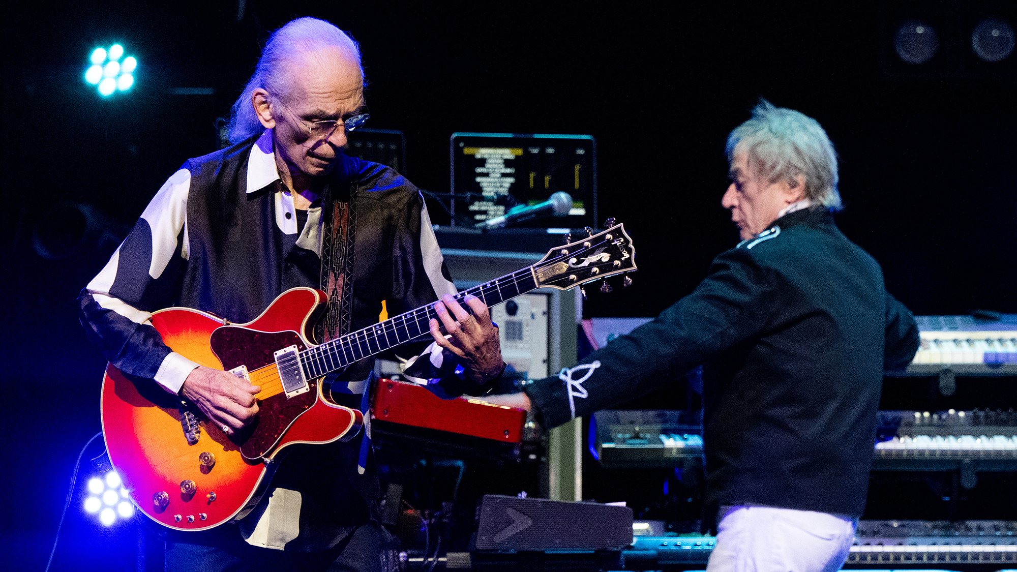 Steve Howe and Geoff Downes of YES performs onstage during the "Fragile" album series tour at YouTube Theater on November 13, 2025 in Inglewood, California.