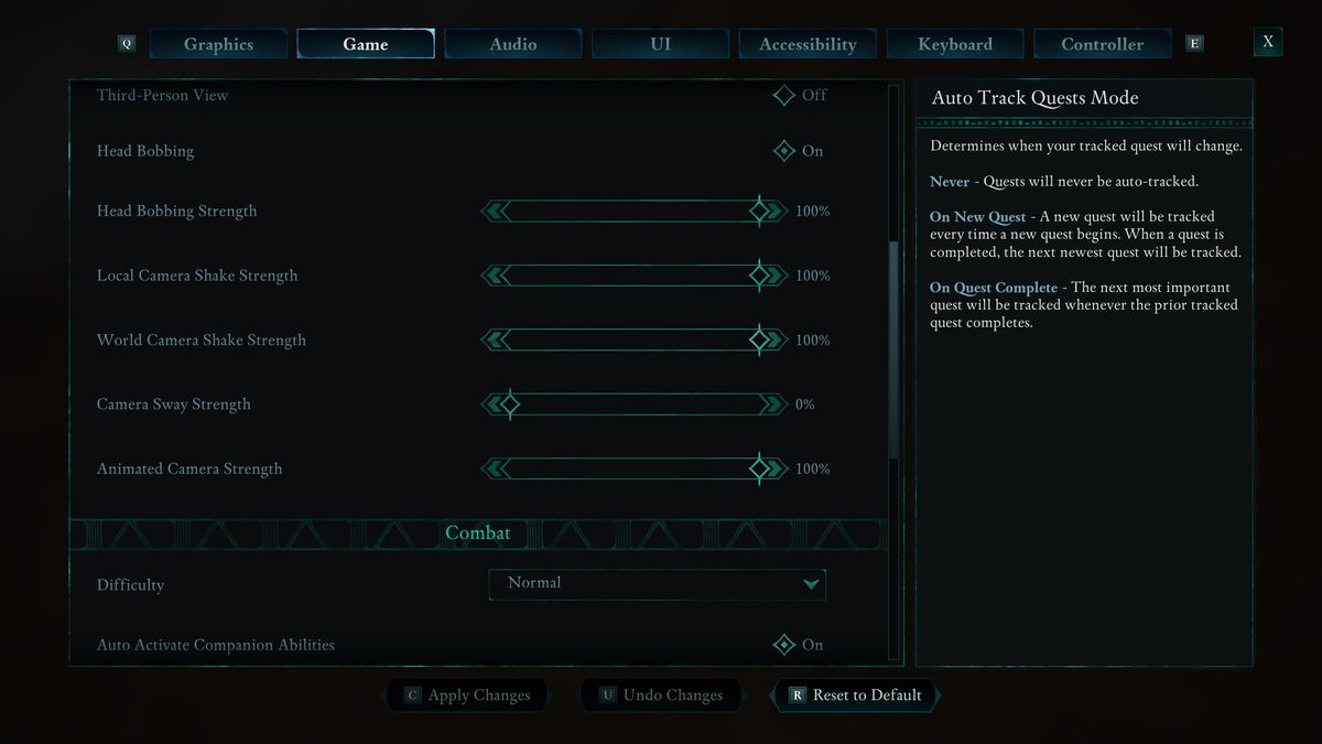 Avowed UI options menus