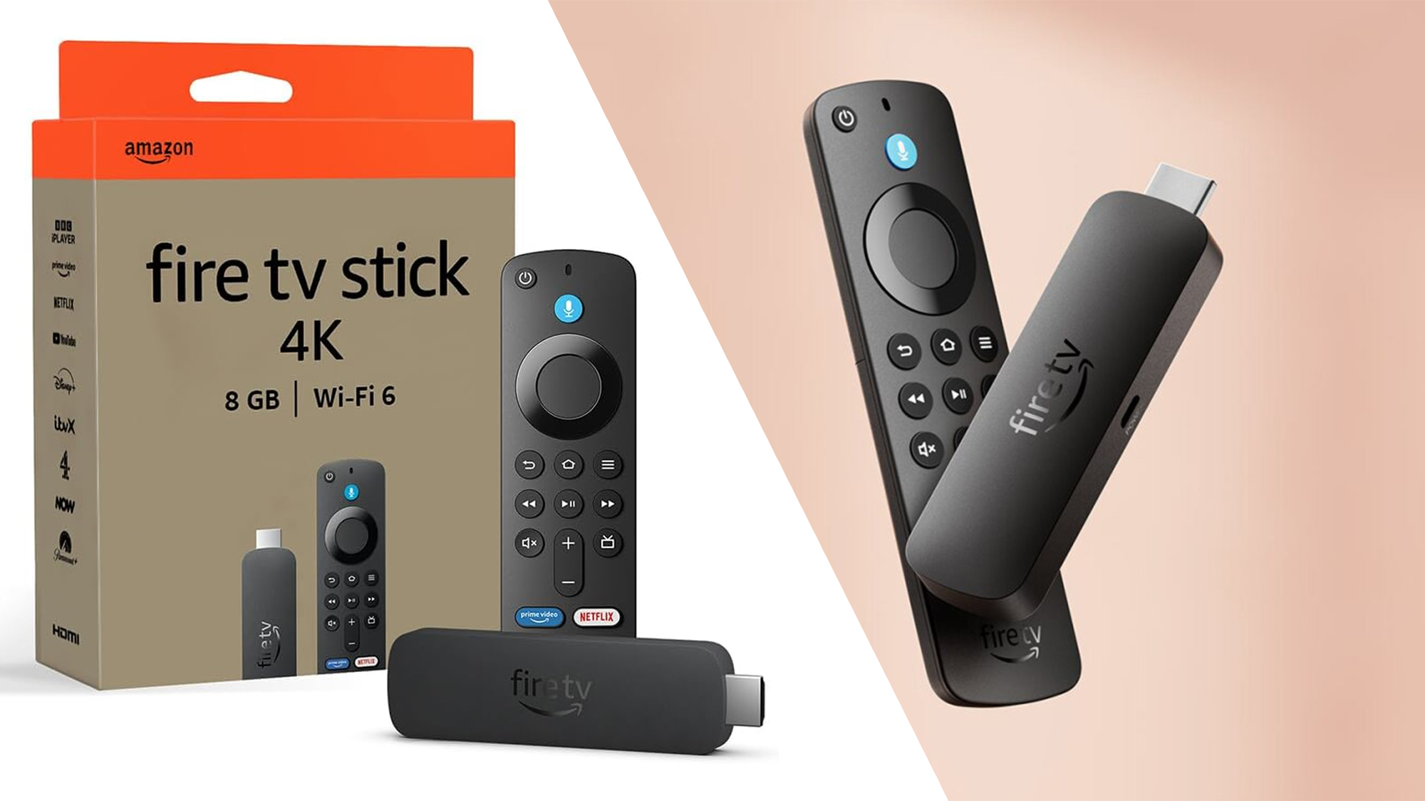 Amazon&#039;s Fire TV Stick 4K and Fire TV Stick Select, next next to each other