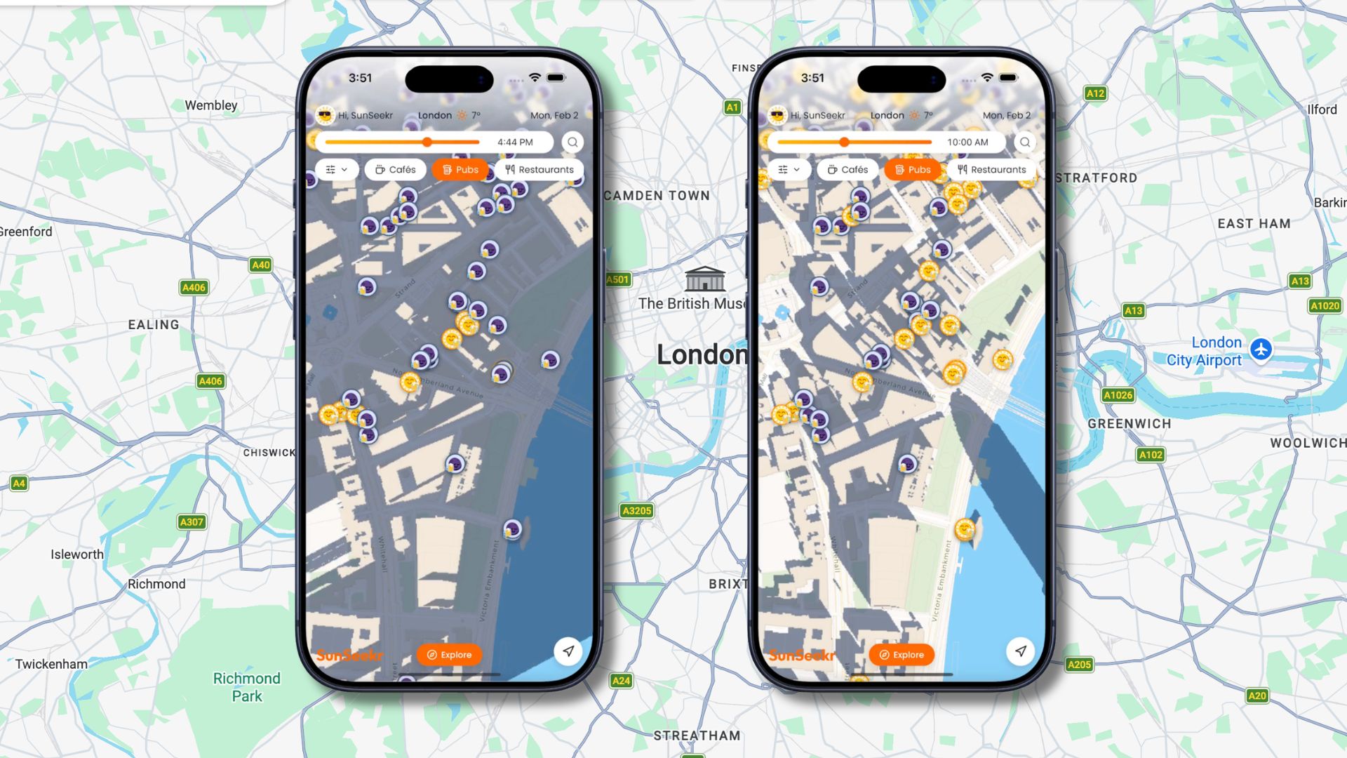 an image of two phones showing the sunseekr sun paths app, against a map of London