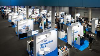 Startup booths lined up in Innovation Park at ISE 2025. 