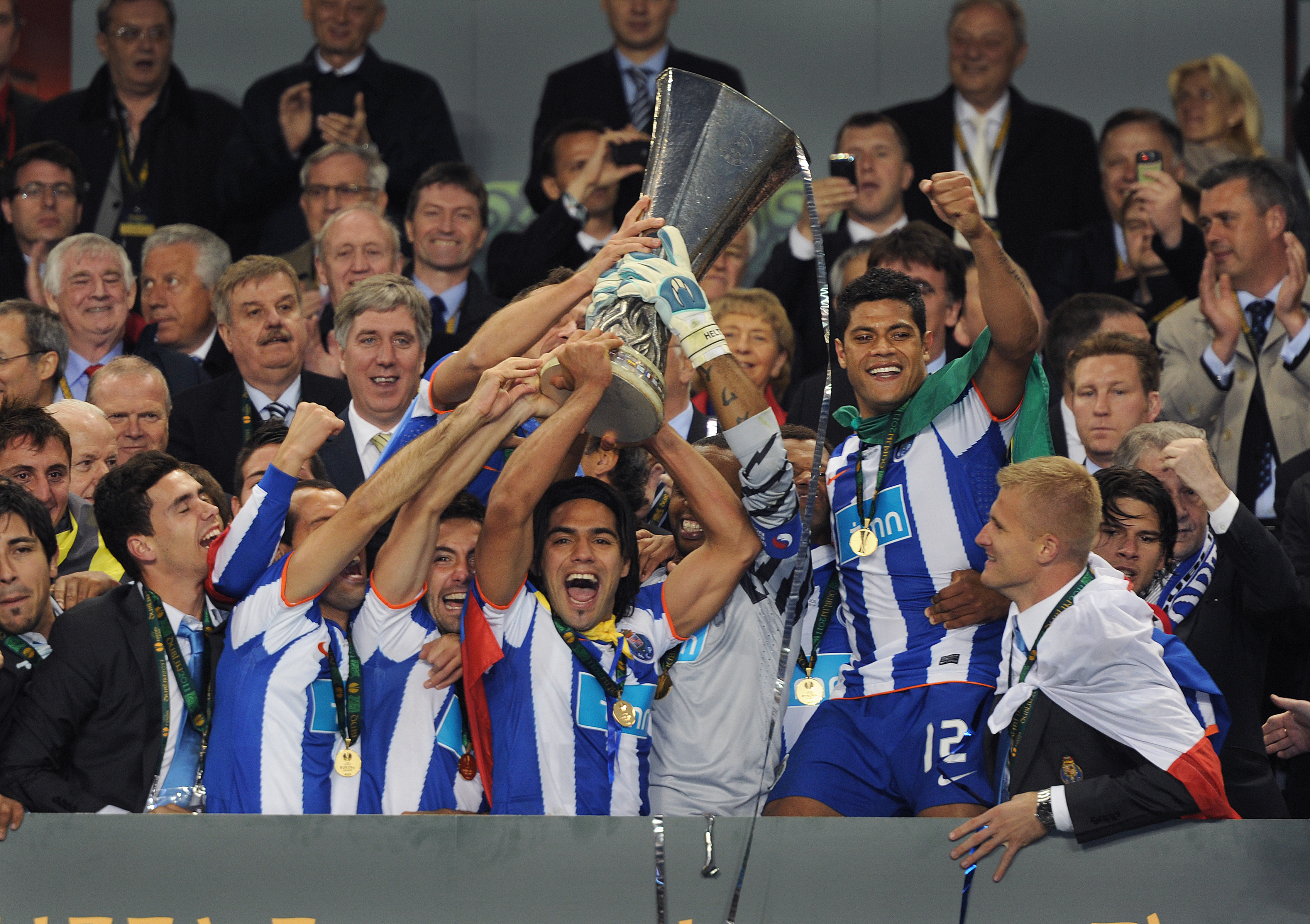 Porto players celebrate with the UEFA Cup trophy after victory over Braga in the 2011 final in Dublin.