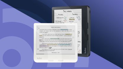 Best ereader Kobo Libra Colour in black and white on a purple and blue background