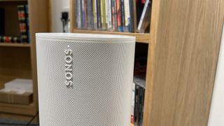 Close up of Sonos Era 100 logo on the speaker