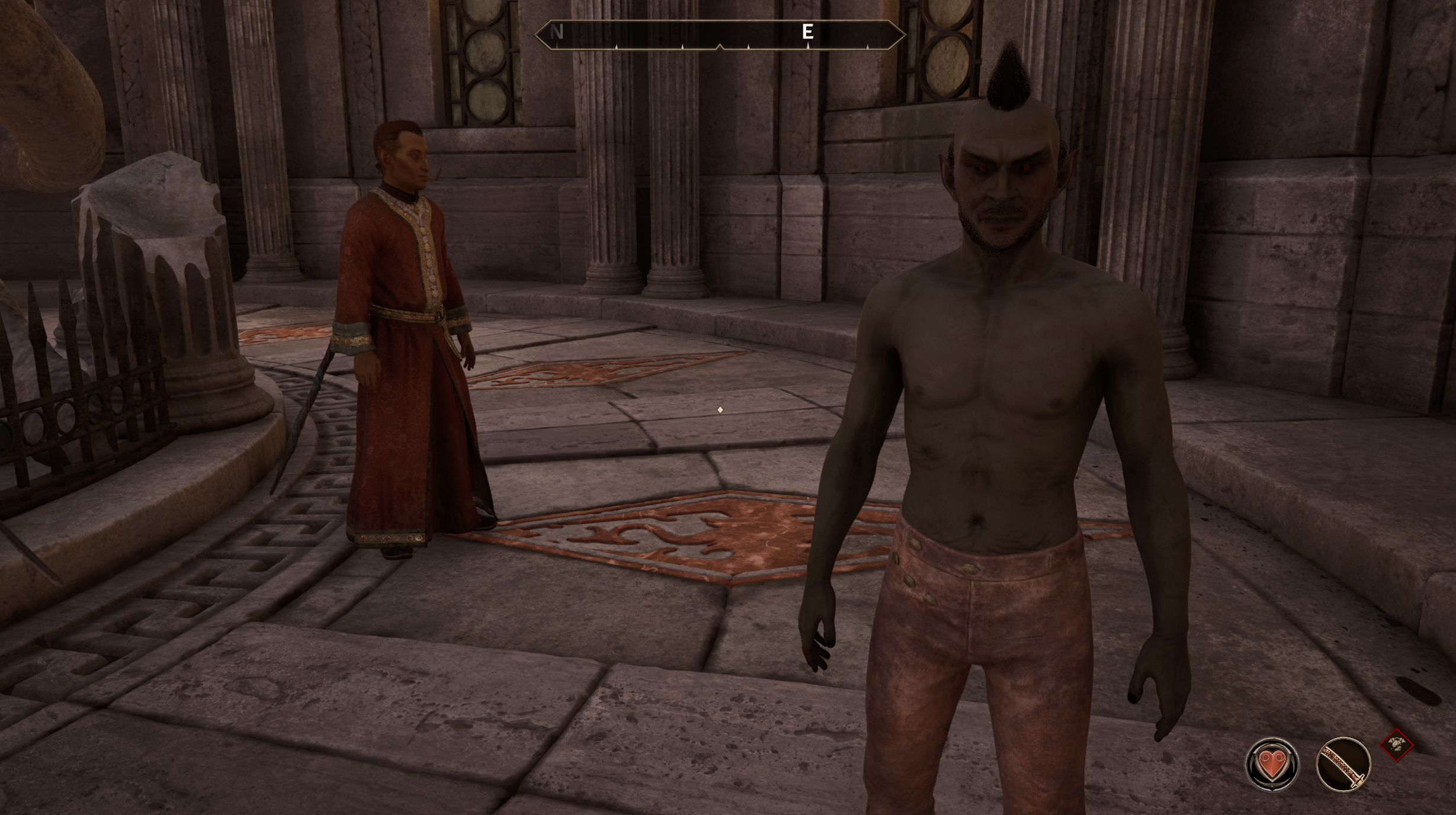 Modryn Oreyn in The Elder Scrolls 4: Oblivion Remastered standing with no top on net to a well-dressed councilor