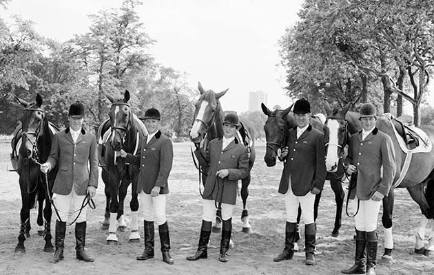 Left to right: Michael Whitaker (reserve), Malcolm Pyrah, Joe Turi, David Broome and Nick Skelton, the Great Britain Olympic Showjumping Team, at Hickstead on 9th August 1988. (Photo by Bob Thomas/Getty Images.)